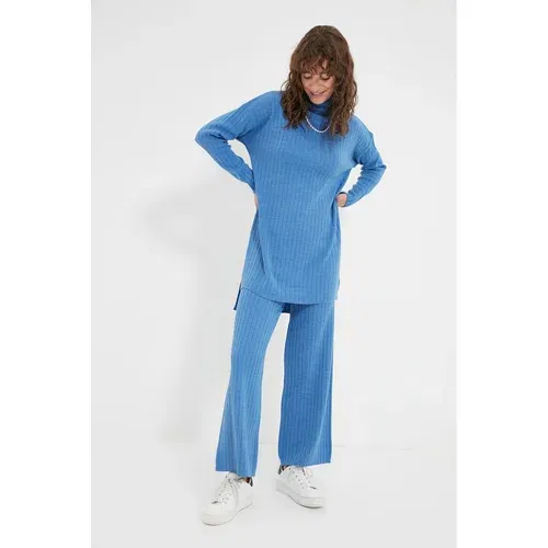 Trendyol Blue Half Turtleneck Knitwear Bottom-Top Set