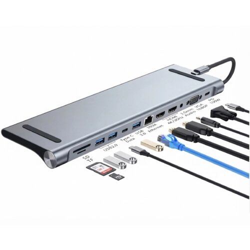 E-green multiport usb 3.1 tip c (m) - 2 x hdmi + vga + 3 x usb 3.0 + 1 x tip c-(pd 100W) + usb 2.0 + 3.5mm + sd/tf + RJ45 (F)1000 mbps (12 u 1) Slike