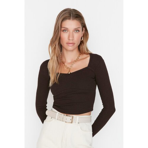 Trendyol Brown Stitch Detail Crop Knitted Blouse Slike