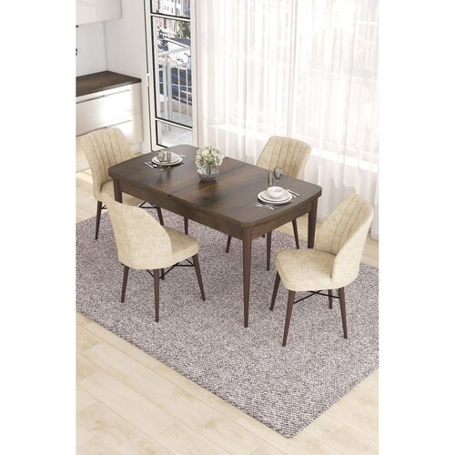 Hanah home trpezarijski set Eva, sto na razvlačenje i 4 stolice, ploča u dekoru drveta Baroque, krem tkanina Babyface Cene