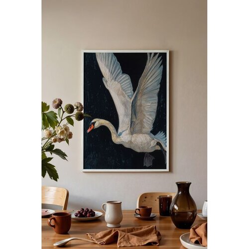 Wallxpert uramljena slika 115243, beli labud ra&scaron;irenih krila na crnoj pozadini, 30 x 40 cm, beli ram Cene