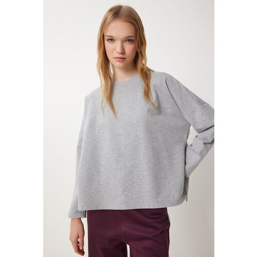 Happiness İstanbul Women's Gray Melange Side Slit Oversize Knitted Sweatshirt Slike