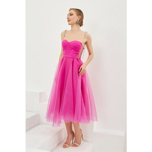 Carmen Fuchsia Tulle Strap Princess Midi Promise and Engagement Dress Slike