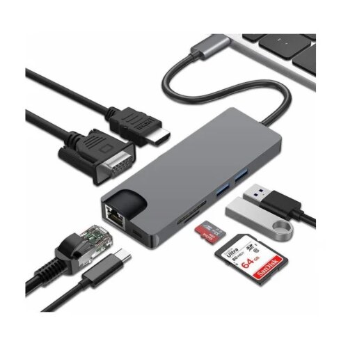 E-green adapter usb 3.1 tip c (m) - HDMI+VGA+2xUSB 3.0+Tip C+RJ45+SD (f) Cene