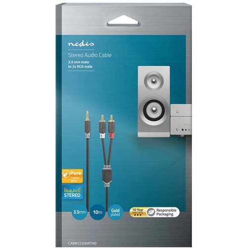 Nedis CABW22200AT100 Stereo audio kabl 3,5 mm mu&amp;scaron;ki, 2x RCA mu&amp;scaron;ki, Pozlaceni, 10,0 m, Antracit Slike