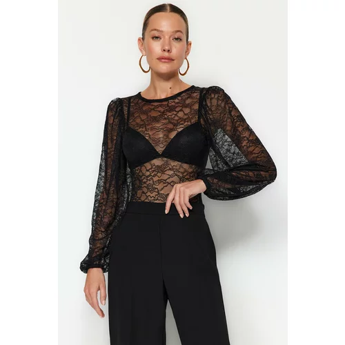 Trendyol Black Ruffle Detailed Crew Neck Lace Knitted Body With Snap Button