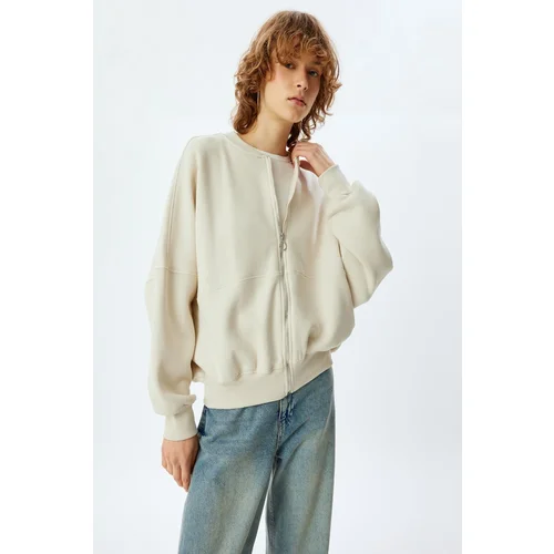 Koton Oversize Zippered Sweatshirt with Stitched Detail and Crew Neck