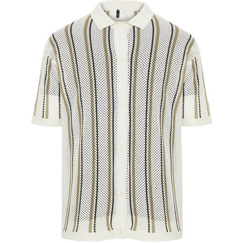 Trendyol Ecru Men's Regular Fit Openwork Buttoned Shirt Collar Limited Edition Knitwear Cardigan Shirt Slike