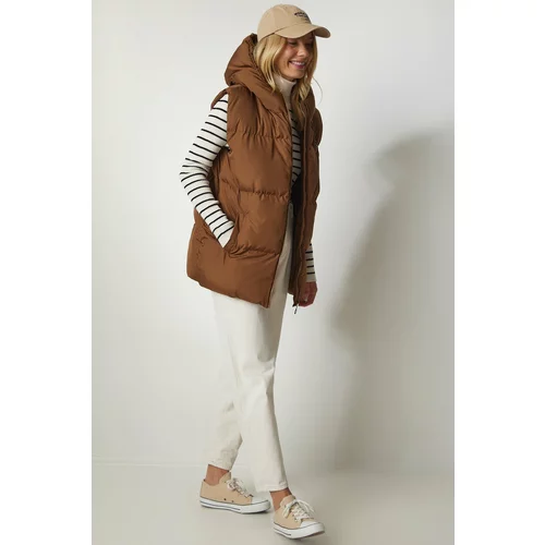 Happiness İstanbul Women's Tan Oversize Long Inflatable Vest with a Hooded