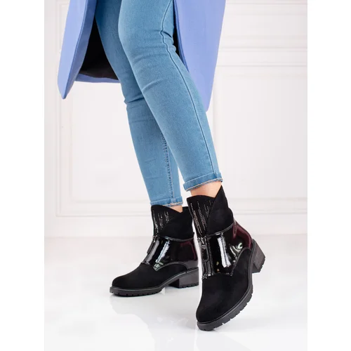 SHELOVET Black suede ankle boots for women with crystals