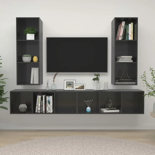 Sijaj Stenska TV omarica 4 kosi visok sijaj sive barve iverna plošča