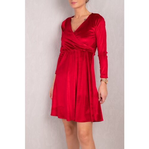 armonika Women's Red Double Breasted Neck Long Sleeve Velvet Flared Dress Slike
