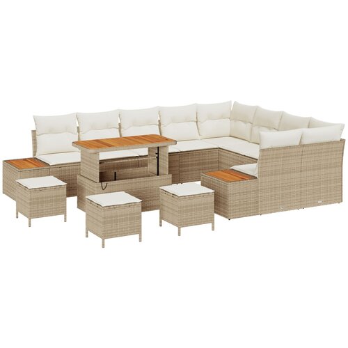 VidaXL 13-dijelni vrtni sofa set s jastučićima bež poli ratan acacia, 4-dijelni vrtni blagovaonski set s jastučićima bež poli ratan acacia Slike