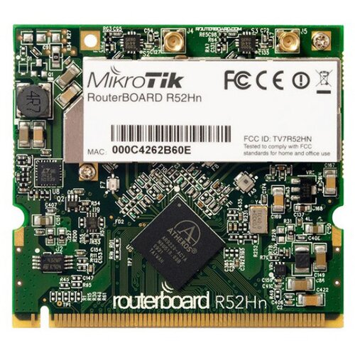 MikroTik R52HnD miniPCI high power 400mW (26dBm) card 2.4 & 5GHz dual band WiFi 300Mb/s 802.11a/g/n, Atheros AR9220 chip, temp. -40C-70C, MIMO dual 2 x MMCX connector, ESD protection ±15kV Cene