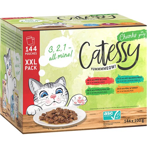 Catessy XXL mešano pakiranje koščki v omaki ali želeju 144 x 100 g - 4 sorte koščki v omaki Cene
