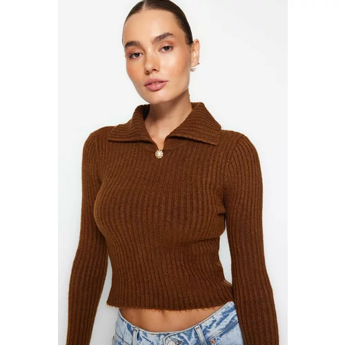 Trendyol Brown Crop Soft Textured Polo Neck Knitwear Sweater