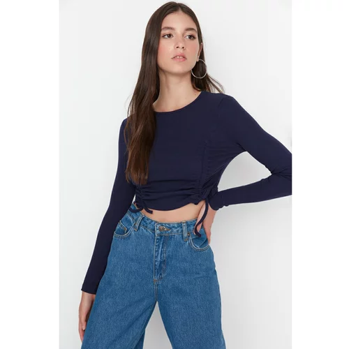 Trendyol Navy Blue Ribbed and Gathered Crop Knitted Blouse