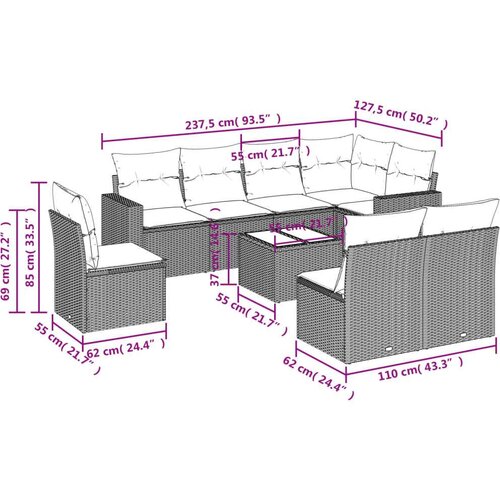 VidaXL 9-dijelni set vrtnih sofa s jastucima crni od poliratana Slike