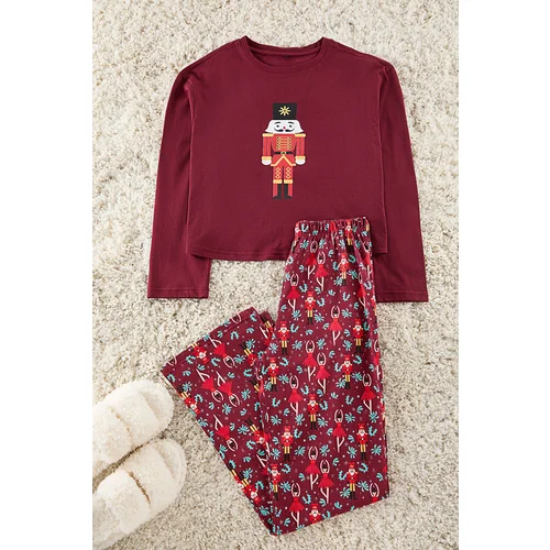 Trendyol Claret Red 100% Cotton Christmas Themed Knitted Pajama Set