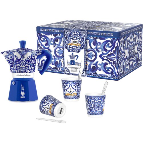 Bialetti Darilna &scaron;katla Dolce & Gabbana Moka Express kafetiera za 6 skodelic Blu Mediterraneo + 3 skodelice za espresso in me&scaron;alne palčke - 1 kos Cene
