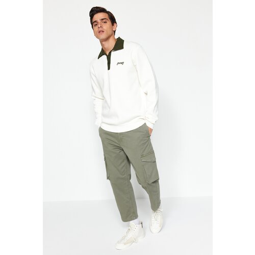 Trendyol Ecru Men&amp;#039;s Regular/Regular Cut Polo Collar Embroidered Pile Cotton Sweatshirt with a Soft Pile Inside. Slike
