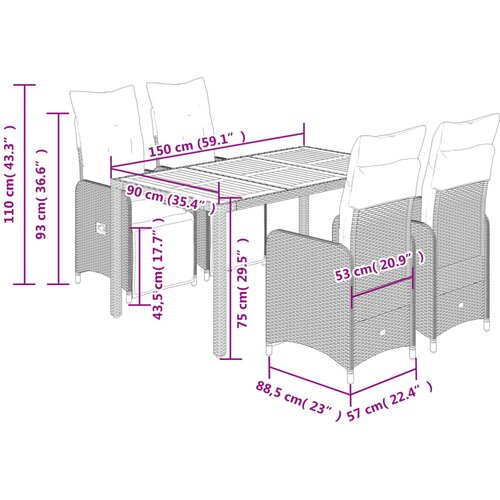  5-dijelni vrtni bistro set od poliratana s jastucima crni Crna 150 x 90 x 75 cm Slike