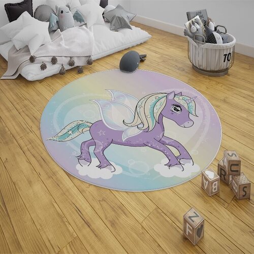  Okrugli tepih za dečiju sobu 120x120cm sa gumenom podlogom - Unicorn ljubičasti TG-204 Cene
