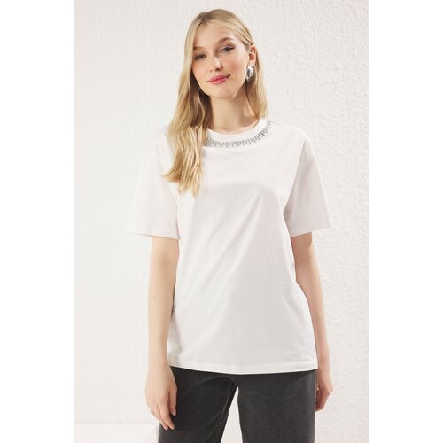 Trendyol White Stone Relaxed/Comfortable Pattern Knitted T-Shirt Slike