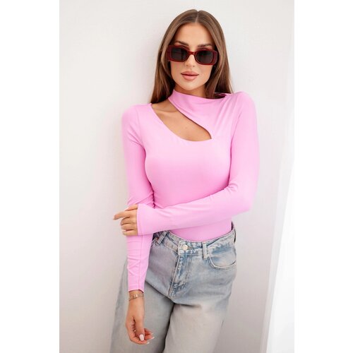 Kesi Włoski Women's bodysuit blouse with long sleeves and asymmetrical neckline pink Cene