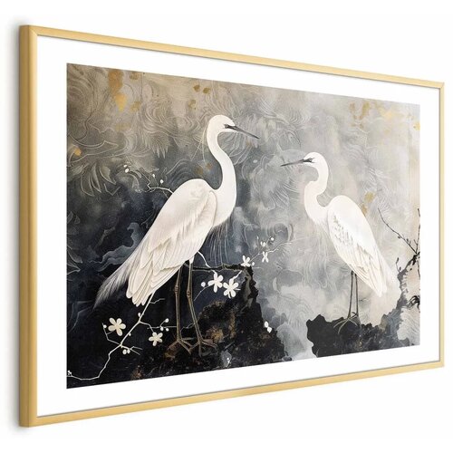  Plakat - Herons and Cherry Blossom - oriental-style illustration depicting birds 60x40 Zlatni okvir s margom Cene
