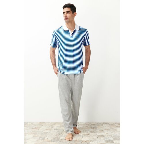 Trendyol Men's Ecru Regular Fit Striped Polo Neck Knitted Pajama Set Cene
