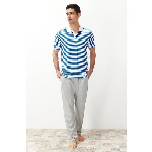 Trendyol Men's Ecru Regular Fit Striped Polo Neck Knitted Pajama Set Slike