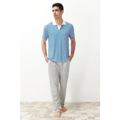 Trendyol Men's Ecru Regular Fit Striped Polo Neck Knitted Pajama Set