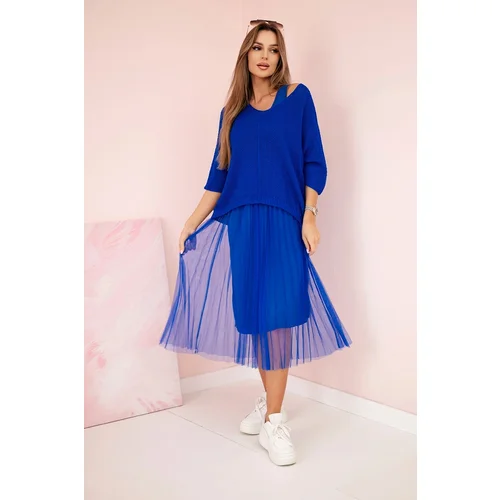 Kesi Włoski Pleated dress with an openwork sweater cornflower blue