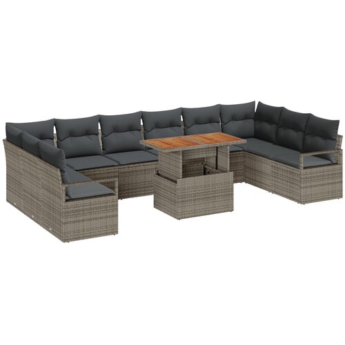 vidaXL 11-delni set vrtne sedežne garniture s blazinami Siva Poli Rattan Acacia, 2-sedežna vrtna sedežna garnitura s blazinami Siva Poli Rattan Cene