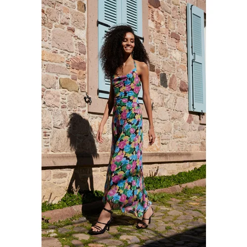 Trendyol Multicolored Floral Pattern Long Evening Dress with Open Waist/Skater Lined