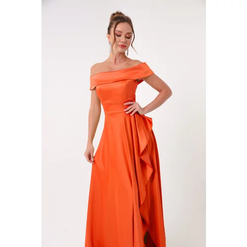 Lafaba Women's Orange Boat Neck Satin Evening Dress & Prom Dress