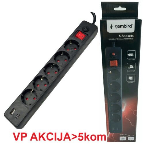 Gembird SPG5-B-10(3G1.5)**produzni kabl sa zastitom i 5 uticnica, 5V/3.1A USB-A+C 16A/3500W 3m Black Cene