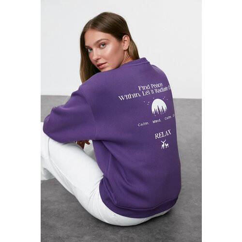 Trendyol Purple Oversize/Wide Pattern Slogan Printed Thick Polar Fleece Knitted Sweatshirt Slike