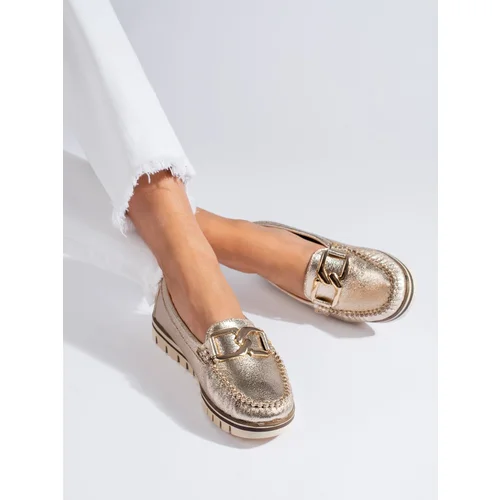 SHELOVET Golden comfortable loafers with chain