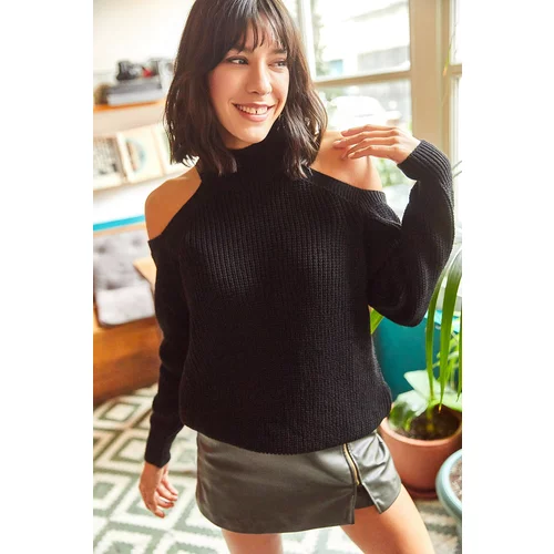 Olalook Women's Black Half Turtleneck Open-Shoulder Loose Knitwear Sweater