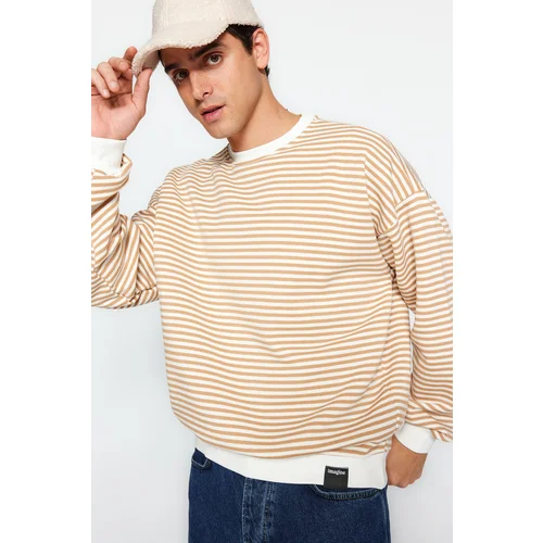 Trendyol Men's Beige Oversize Striped Fleece Inside Cotton Sweatshirt