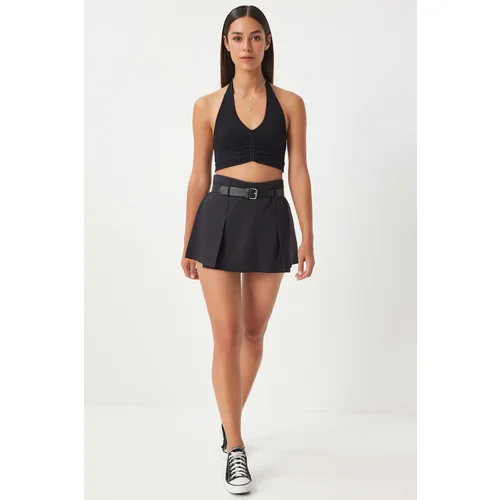 Happiness İstanbul Women's Black Belted Pleated Shorts Skirt