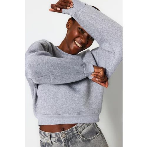 Trendyol Gray Comfy Cut Crop Basic Crew Neck Thick Fleece Inside Knitted Sweatshirt