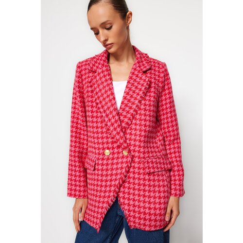 Trendyol Fuchsia Tweed Regular Lined Double Breasted Closed Woven Crowbar Blazer Jacket Slike