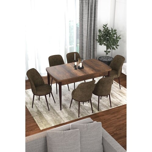 Hanah home trpezarijski set Via, sto na razvlačenje i 6 stolica, ploča u dekoru drveta Baroque, braon tkanina Jerry Cene