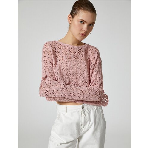  Crop Openwork T-Shirt Wide Long Sleeve Crew Neck Comfort Fit Cene