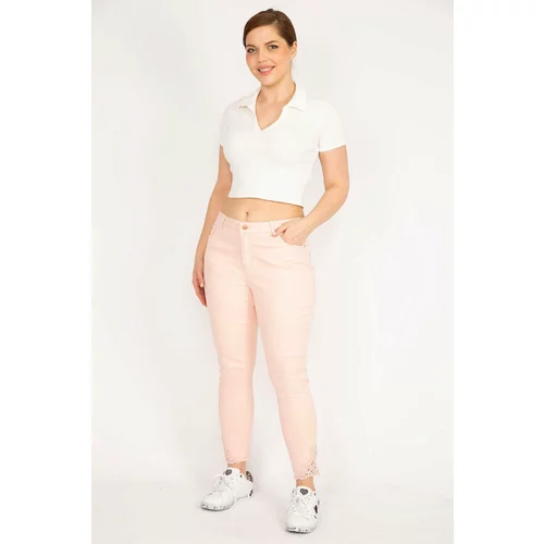Şans Women's Pink Plus Size Jeans with Lace Detail Legs.