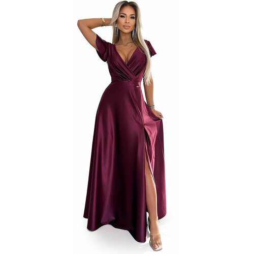 NUMOCO CRYSTAL satin long dress with neckline - burgundy Cene