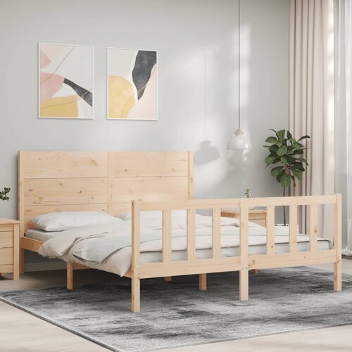  The Living Store Posteljni okvir z vzglavjem 160x200 cm trden les - Posteljni Okvir, (21452228) Slike